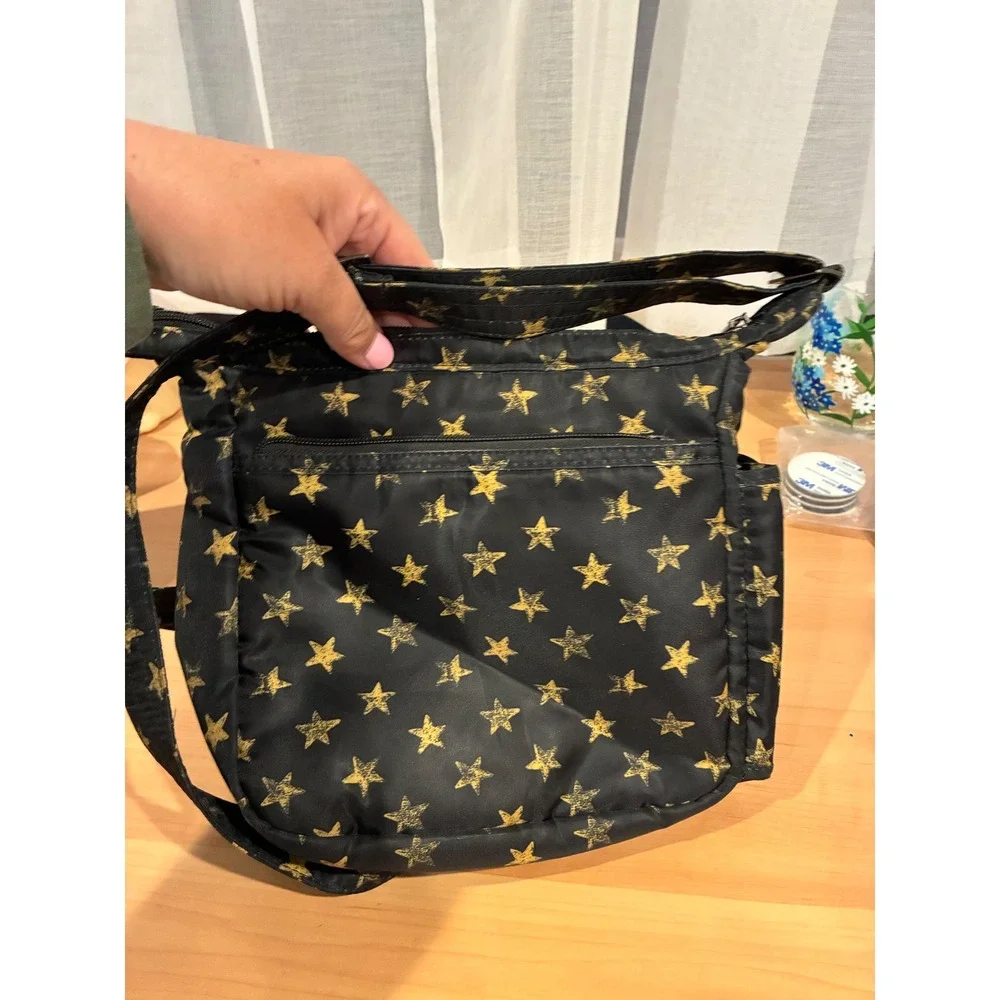 Lug Flutter Crossbody Bag Black Gold Star Quilted Travel Shoulder Bag Pocket